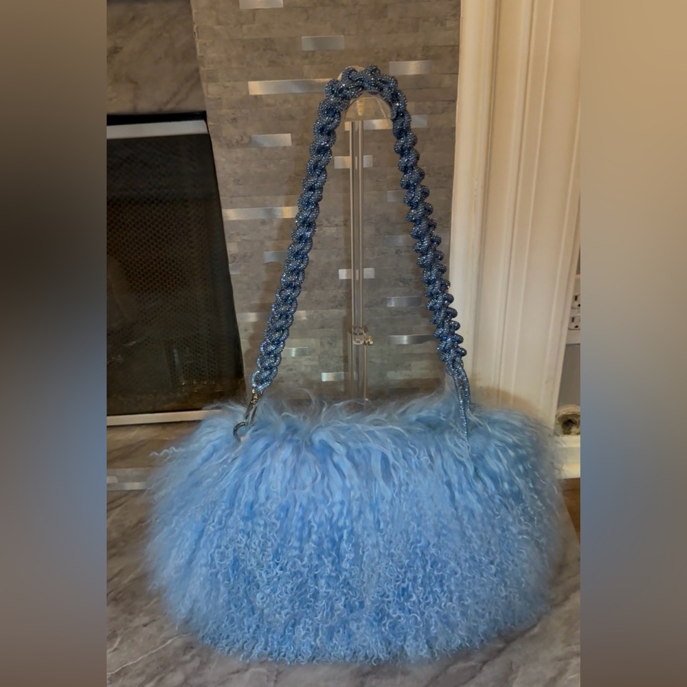 DenimBlue Shearling Shoulder Bag. Handcrafted Braided Statement Bag!Solid BLING!